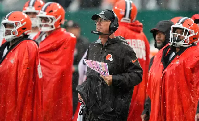 Cleveland Browns head coach Todd Monken watches from the sideline during the first half of an NFL football game against the New York Jets, Sunday, Oct. 11, 2026, in East Rutherford, N.J. (AP Photo/Yuki Iwamura)