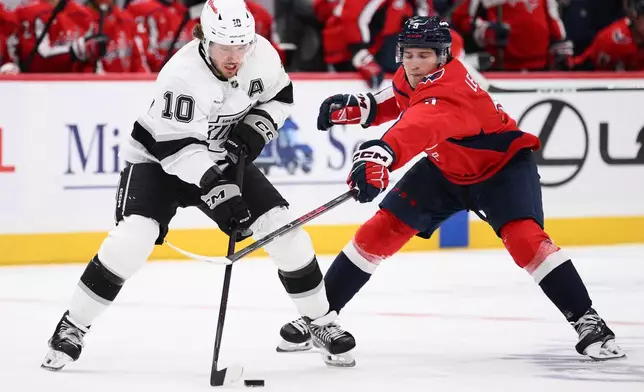 Los Angeles Kings left wing Artemi Panarin (10) and Washington Capitals right wing Ryan Leonard (9) battle for the puck during the second period of an NHL hockey game, Tuesday, Oct. 20, 2026, in Washington. (AP Photo/Nick Wass)