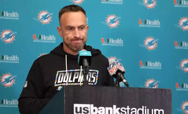 Miami Dolphins head coach Jeff Hafley speaks to reporters following an NFL football game against the Minnesota Vikings Sunday, Oct. 4, 2026, in Minneapolis. (AP Photo/Matt Krohn)