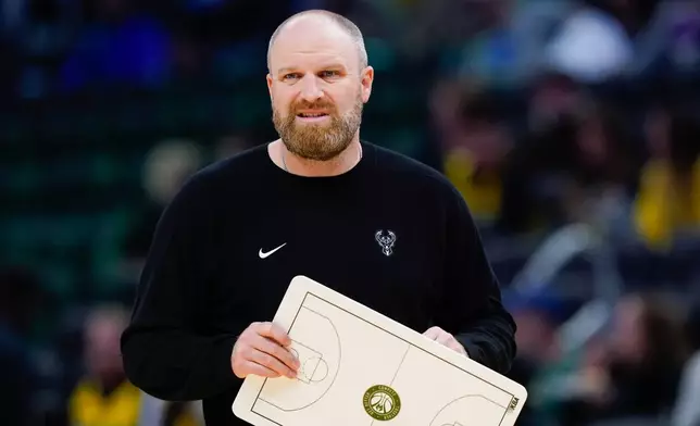 Milwaukee Bucks head coach Taylor Jenkins looks on during the first half of an NBA basketball game against the Indiana Pacers, Monday, Oct. 26, 2026, in Milwaukee. (AP Photo/Kayla Wolf)