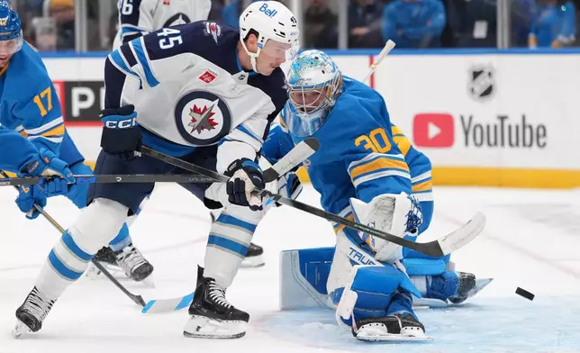 Winnipeg Jets' Cole Koepke (45) is unable to score past St. Louis Blues goaltender Joel Hofer (30) during the first period of an NHL hockey game Tuesday, Oct. 20, 2026, in St. Louis. (AP Photo/Jeff Roberson)