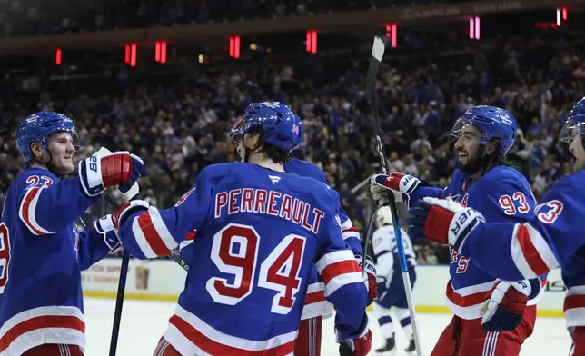 New York Rangers players react after Gabe Perreault (94) reacts after scoring during the second period of an NHL hockey game against the Tampa Bay Lightning, Thursday, Oct. 1, 2026, in New York. (AP Photo/Pamela Smith)