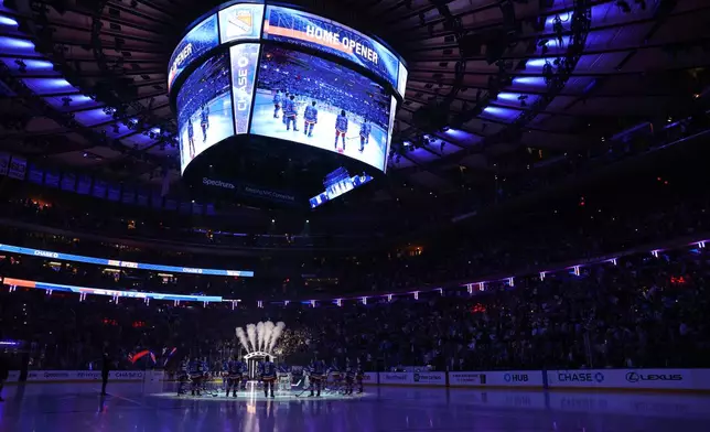 New York Rangers players are introduced before an NHL hockey game against the Tampa Bay Lightning, Thursday, Oct. 1, 2026, in New York. (AP Photo/Pamela Smith)