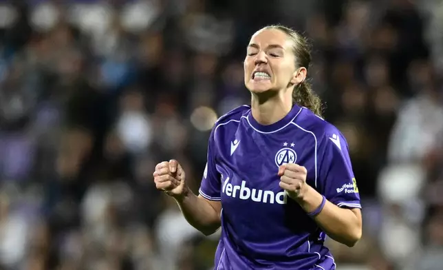 Austria Wien's Modesta Uka reacts after missing a chance to score during the Women's Champions League opening phase soccer match between Austria Wien and Inter in Vienna, Austria, Thursday, Oct. 1, 2026. (AP Photo/Denes Erdos)