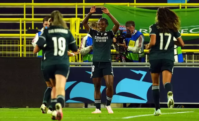Real Madrid's Linda Caicedo, center, celebrates scoring during the Women's Champions League, opening phase match between Manchester City and Real Madrid in Manchester, England, Thursday Oct. 1, 2026. (Martin Rickett/PA via AP)