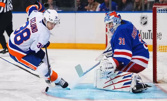 New York Rangers goaltender Igor Shesterkin (31) protects the net from New York Islanders' Victor Eklund (38) during the first period of an NHL hockey game Tuesday, Oct. 6, 2026, in New York. (AP Photo/Frank Franklin II)