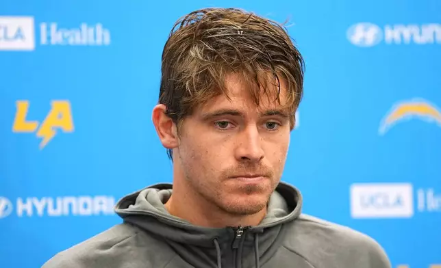 Los Angeles Chargers quarterback Justin Herbert speaks during a news conference after an NFL football game against the Buffalo Bills, Sunday, Sept. 27, 2026, in Orchard Park, N.Y. (AP Photo/Matt Rourke)