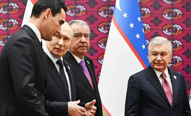 From left, Turkmenistan's President Serdar Berdymukhamedov, Russian President Vladimir Putin, Tajikistan's President Emomali Rakhmon and Uzbekistan's President Shavkat Mirziyoyev attend the Commonwealth of Independent States (CIS) summit in Turkmenbasy, Turkmenistan, Friday, Oct. 9, 2026. (Sergei Bobylev, Sputnik, Kremlin Pool Photo via AP)