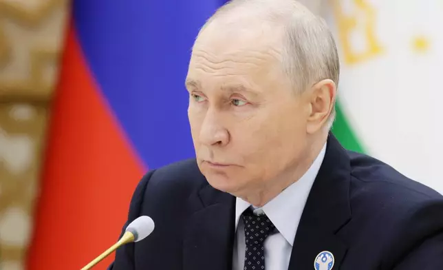 Russian President Vladimir Putin attends the extended format meeting at the Commonwealth of Independent States (CIS) summit in Turkmenbasy, Turkmenistan, Friday, Oct. 9, 2026. (Gavriil Grigorov, Sputnik, Kremlin Pool Photo via AP)