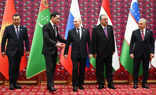 From left, Kyrgyzstan's President Sadyr Zhaparov, Turkmenistan's President Serdar Berdymukhamedov, Russian President Vladimir Putin, Tajikistan's President Emomali Rakhmon and Uzbekistan's President Shavkat Mirziyoyev attend the Commonwealth of Independent States (CIS) summit in Turkmenbasy, Turkmenistan, Friday, Oct. 9, 2026. (Sergei Bobylev, Sputnik, Kremlin Pool Photo via AP)
