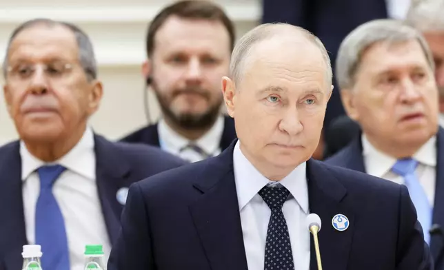 Russian President Vladimir Putin attends the extended format meeting at the Commonwealth of Independent States (CIS) summit in Turkmenbasy, Turkmenistan, Friday, Oct. 9, 2026. (Gavriil Grigorov, Sputnik, Kremlin Pool Photo via AP)