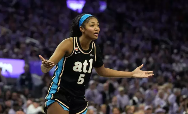 Atlanta Dream forward Angel Reese (5) reacts after being called for a foul during the second half of Game 5 of the WNBA basketball finals against the Golden State Valkyries, Monday, Oct. 26, 2026, in San Francisco. (AP Photo/Jeff Chiu)