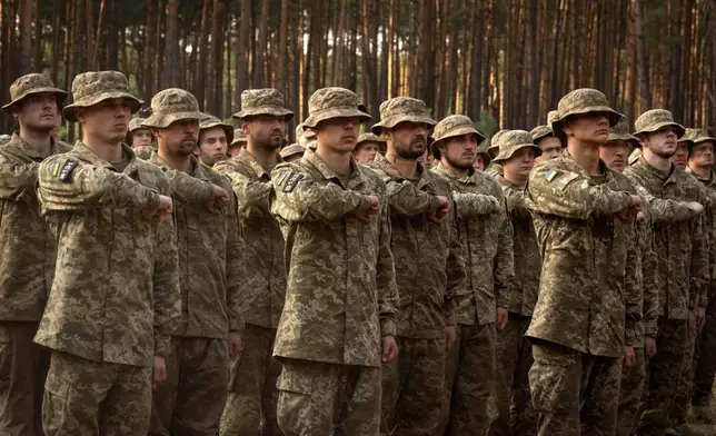FILE - Newly recruited soldiers of Ukraine's 3rd Assault Brigade shout slogans at a military base close to Kyiv, Ukraine, Monday, Sept. 25, 2023. (AP Photo/Efrem Lukatsky, File)