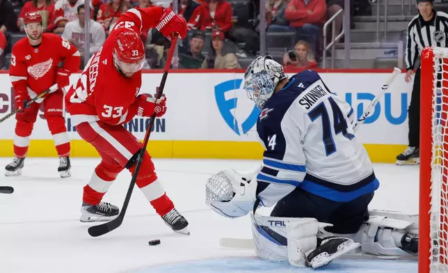 Detroit Red Wings left wing Viktor Arvidsson (33) takes a shot against Winnipeg Jets goaltender Stuart Skinner (74) during the first period of an NHL hockey game Sunday, Oct. 4, 2026, in Detroit. (AP Photo/Duane Burleson)