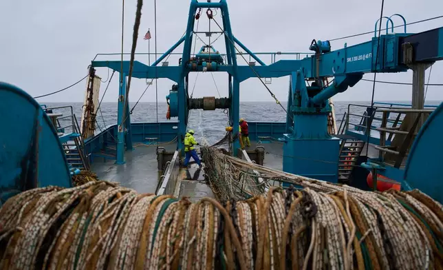 A trawl net stretches behind the F/V Progress in the Bering Sea off the coast of Alaska, Wednesday, July 22, 2026. (AP Photo/Annika Hammerschlag)