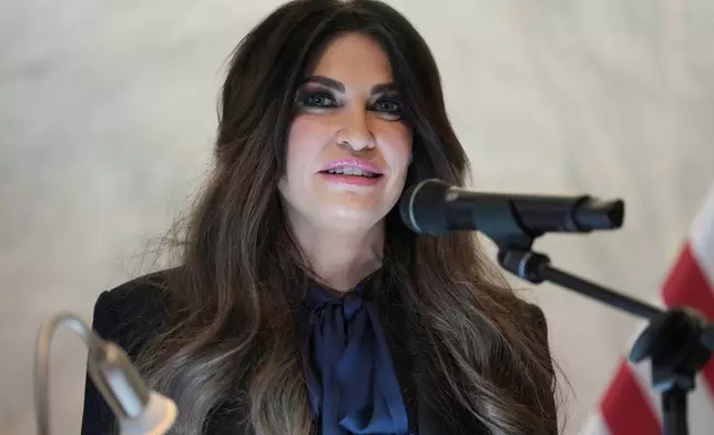 U.S. Ambassador to Greece Kimberly Guilfoyle speak during a dedication ceremony at the chancery of the U.S. Embassy, Wednesday, Oct. 7, 2026, in Athens, Greece. (AP Photo/Mark Schiefelbein, Pool)
