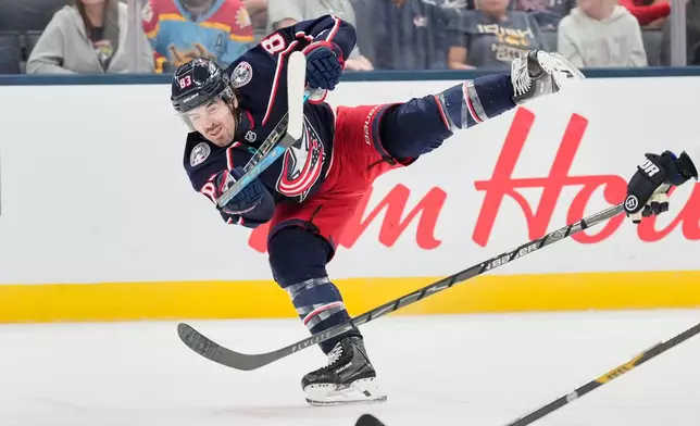 Columbus Blue Jackets right wing Conor Garland (83) shoots in the second period of an NHL hockey game against the Florida Panthers in Columbus, Ohio, Tuesday, Oct. 13, 2026. (AP Photo/Sue Ogrocki)