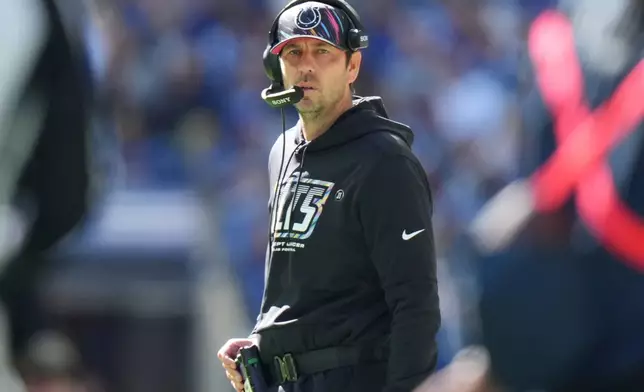 Indianapolis Colts head coach Shane Steichen looks onto the field during the first half of an NFL football game against the Tennessee Titans, Sunday, Oct. 18, 2026, in Indianapolis. (AP Photo/AJ Mast)