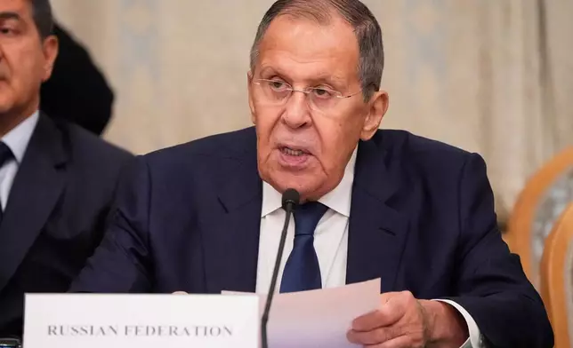 Russian Foreign Minister Sergey Lavrov speaks during the Moscow format consultations on Afghanistan in Moscow, Monday, Oct. 5, 2026. (AP Photo/Alexander Zemlianichenko)