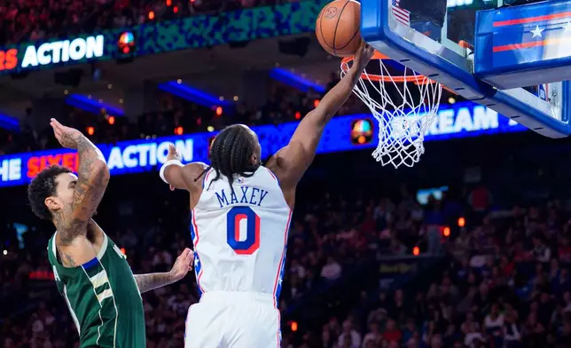 Philadelphia 76ers' Tyrese Maxey, right, goes up for the shot against Milwaukee Bucks' Kyle Kuzma, left, during the first half of an NBA basketball game, Saturday, Oct. 24, 2026, in Philadelphia. (AP Photo/Chris Szagola)