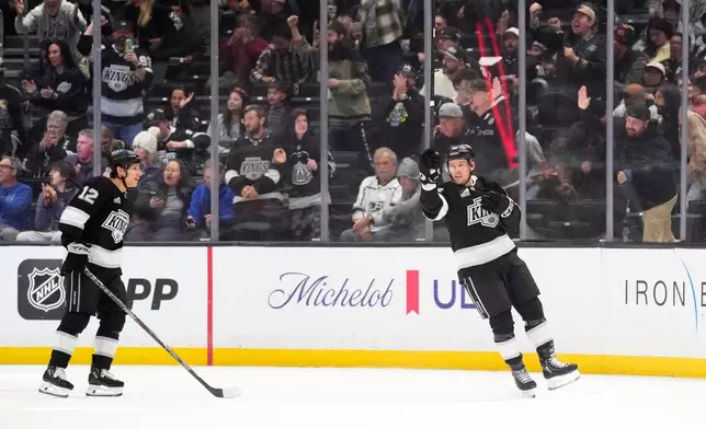 Los Angeles Kings left wing Erik Haula, right, celebrates his goal with left wing Trevor Moore during the first period of an NHL hockey game against the Ottawa Senators, Thursday, Oct. 29, 2026, in Los Angeles. (AP Photo/Mark J. Terrill)