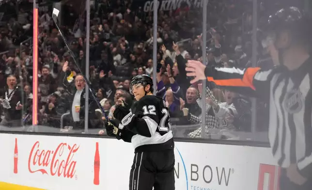 Los Angeles Kings left wing Trevor Moore celebrates his goal during the second period of an NHL hockey game against the Ottawa Senators, Thursday, Oct. 29, 2026, in Los Angeles. (AP Photo/Mark J. Terrill)