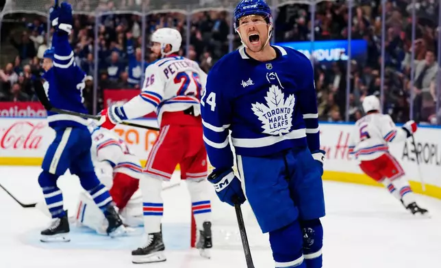 Toronto Maple Leafs' Brandon Duhaime (24) celebrates after his goal against the New York Rangers during the second period of an NHL hockey game in Toronto, Thursday, Oct. 22, 2026. (Frank Gunn/The Canadian Press via AP)