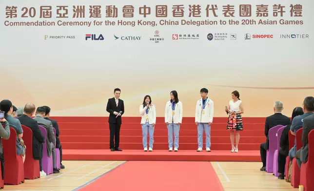 The Commendation Ceremony for the Hong Kong, China Delegation to the 20th Asian Games was held at the Kowloon Park Sports Centre this afternoon (October 26). Photo shows athletes sharing their experiences of competing in the Games. Source: HKSAR Government Press Releases