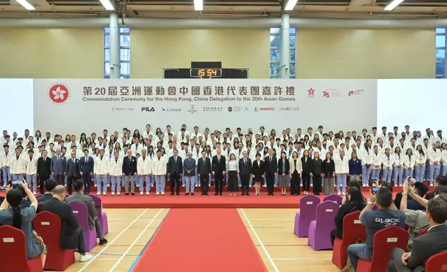 The Chief Executive, Mr John Lee, attended the Commendation Ceremony for the Hong Kong, China Delegation to the 20th Asian Games today (October 26). Photo shows (front row, from 10th left) the Chef de Mission of the Hong Kong, China Delegation to the 20th Asian Games, Mr Wong Po-kee; the Honorary Secretary General of the Sports Federation & Olympic Committee of Hong Kong, China (SF&OC), Mr Edgar Yang; the Chief Secretary for Administration, Mr Chan Kwok-ki; the President of the SF&OC, Dr Timothy Fok; Mr Lee; Deputy Director of the Liaison Office of the Central People's Government in the Hong Kong Special Administrative Region Mr Sun Shangwu; and the Secretary for Culture, Sports and Tourism, Miss Rosanna Law, with athletes and other guests at the event. Source: HKSAR Government Press Releases