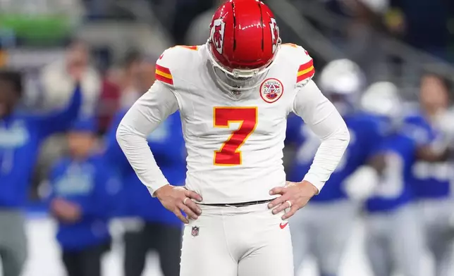 Kansas City Chiefs' Harrison Butker reacts after missing a field goal attempt during the second half of an NFL football game against the Seattle Seahawks in Seattle, Sunday, Oct. 25, 2026. (AP Photo/Lindsey Wasson)