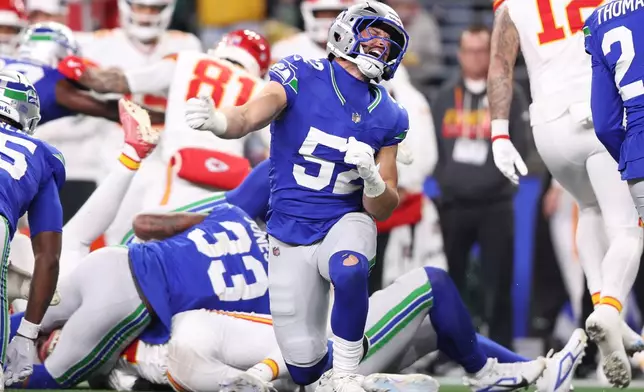 Seattle Seahawks linebacker Patrick O'Connell (52) reacts after a defensive stop during the second half of an NFL football game against the Kansas City Chiefs in Seattle, Sunday, Oct. 25, 2026. (AP Photo/Kevin Ng)