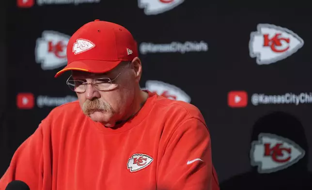 Kansas City Chiefs head coach Andy Reid speaks during a news conference after an NFL football game against the Seattle Seahawks in Seattle, Sunday, Oct. 25, 2026. (AP Photo/Lindsey Wasson)