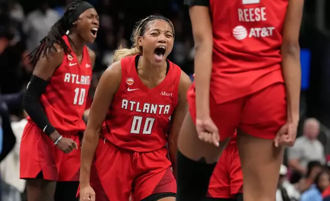 Atlanta Dream's Naz Hillmon (00) reacts during the first half of Game 6 of the WNBA basketball finals against the Golden State Valkyries on Thursday, Oct. 29, 2026, in Atlanta. (AP Photo/Brynn Anderson)