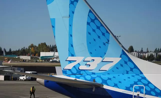 A Boeing 737 Max 10 aircraft is seen Tuesday, Oct. 20, 2026, at Boeing's factory in Everett, Wash. (AP Photo/Lindsey Wasson)