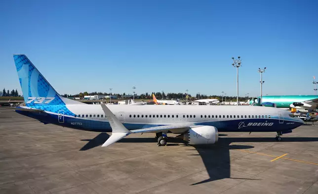 A Boeing 737 Max 10 aircraft is seen Tuesday, Oct. 20, 2026, at Boeing's factory in Everett, Wash. (AP Photo/Lindsey Wasson)