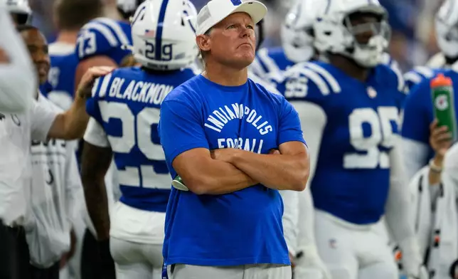 FILE - Indianapolis Colts general manager Chris Ballard on the sidelines during an NFL preseason football game against the Atlanta Falcons in Indianapolis, Aug. 22, 2026. (AP Photo/Zach Bolinger, File)