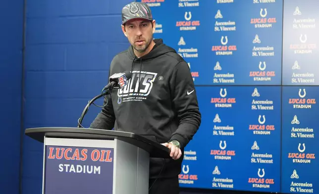 Indianapolis Colts head coach Shane Steichen speaks during a news conference following an NFL football game against the Tennessee Titans Sunday, Oct. 18, 2026, in Indianapolis. (AP Photo/AJ Mast)