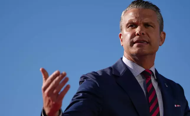 Defense Secretary Pete Hegseth speaks before President Donald Trump at an event for Anduril Industries, Inc., at Sparrows Point Shipyard, Tuesday, Oct. 6, 2026, in Sparrows Point, Md. (AP Photo/Julia Demaree Nikhinson)
