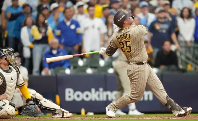San Diego Padres' Ty France hits a ball that hit a cable near the roof during the ninth inning of Game 1 of a National League Divisional baseball playoff series against the Milwaukee Brewers Sunday, Oct. 4, 2026, in Milwaukee. (AP Photo/Kayla Wolf)