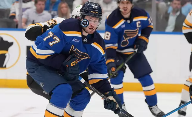 St. Louis Blues' Connor McMichael watches the puck during the third period of an NHL hockey game against the Boston Bruins Thursday, Oct. 29, 2026, in St. Louis. (AP Photo/Jeff Roberson)
