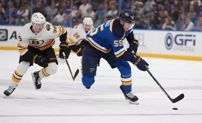 St. Louis Blues' Colton Parayko (55) handles the puck as Boston Bruins' Morgan Geekie (39) defends during the second period of an NHL hockey game Thursday, Oct. 29, 2026, in St. Louis. (AP Photo/Jeff Roberson)