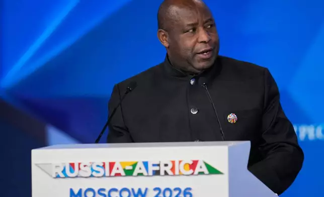 Burundi President Evariste Ndayishimiye speaks during the plenary session of the Russia-Africa Summit in Moscow, Wednesday, Oct. 28, 2026. (AP Photo/Pavel Bednyakov)