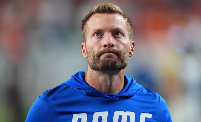 Los Angeles Rams head coach Sean McVay leaves the field following an NFL football game against the Denver Broncos, Sunday, Sept. 27, 2026, in Denver. (AP Photo/David Zalubowski)
