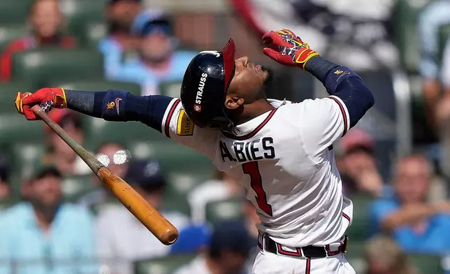 Atlanta Braves' Ozzie Albies flies out in the third inning against the Philadelphia Phillies during Game 2 of baseball's National League Wild Card Series, Wednesday, Sept. 30, 2026, in Atlanta. (AP Photo/Brynn Anderson)