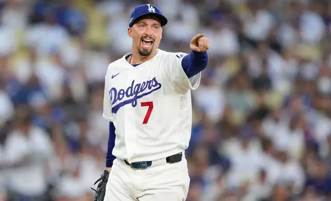 Los Angeles Dodgers starting pitcher Blake Snell appeals to an umpire on a swing by Atlanta Braves' Lane Thomas during the fourth inning of Game 2 of a National League Division Series baseball game Sunday, Oct. 4, 2026, in Los Angeles. (AP Photo/Mark J. Terrill)