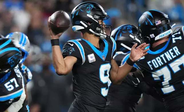 Carolina Panthers quarterback Bryce Young (9) throws the ball during an NFL football game against the Detroit Lions in Charlotte, N.C., Sunday, Oct. 4, 2026. (AP Photo/Jacob Kupferman)