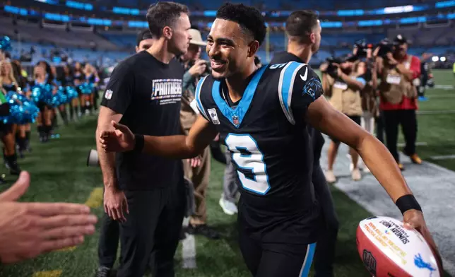 Carolina Panthers quarterback Bryce Young (9) walks off the field after an NFL football game against the Detroit Lions in Charlotte, N.C., Sunday, Oct. 4, 2026.(AP Photo/Scott Kinser)