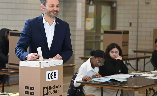Parti Quebecois Leader Paul St-Pierre Plamondon casts his ballot on election day in Montreal, Quebec, Monday, Oct. 5, 2026. (Graham Hughes/The Canadian Press via AP)