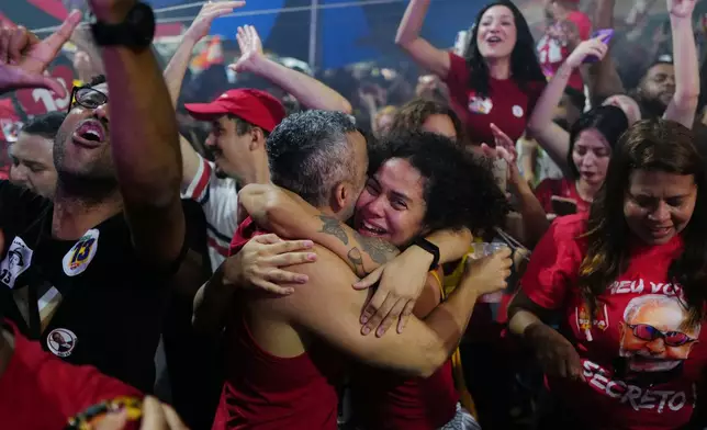 Supporters of President Luiz Inacio Lula da Silva celebrate after he won the presidential runoff in Rio de Janeiro, Sunday, Oct. 25, 2026. (AP Photo/Lucas Landau)
