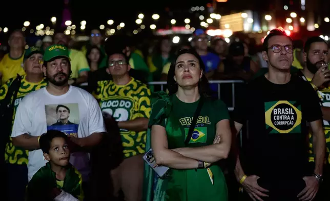 Supporters of opposition presidential candidate Sen. Flavio Bolsonaro react to presidential runoff results in Brasilia, Sunday, Oct. 25, 2026. (AP Photo/Bruna Prado)